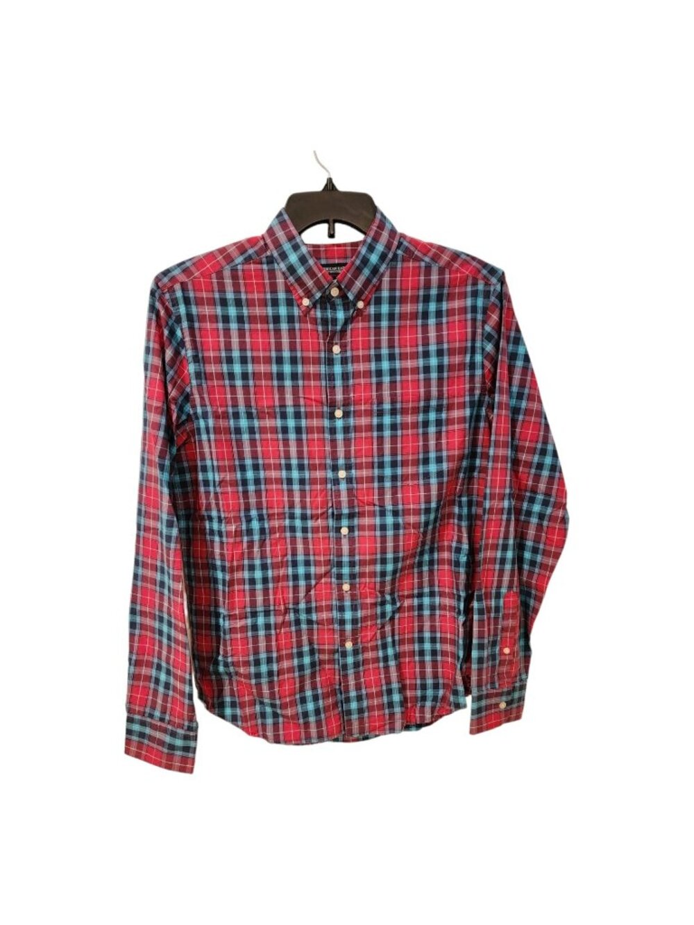 AMERICAN EAGLE OUTFITTERS PREP FIT MENS BUTTON DOWN SHIRT PLAID RED/BLUE MEDIUM